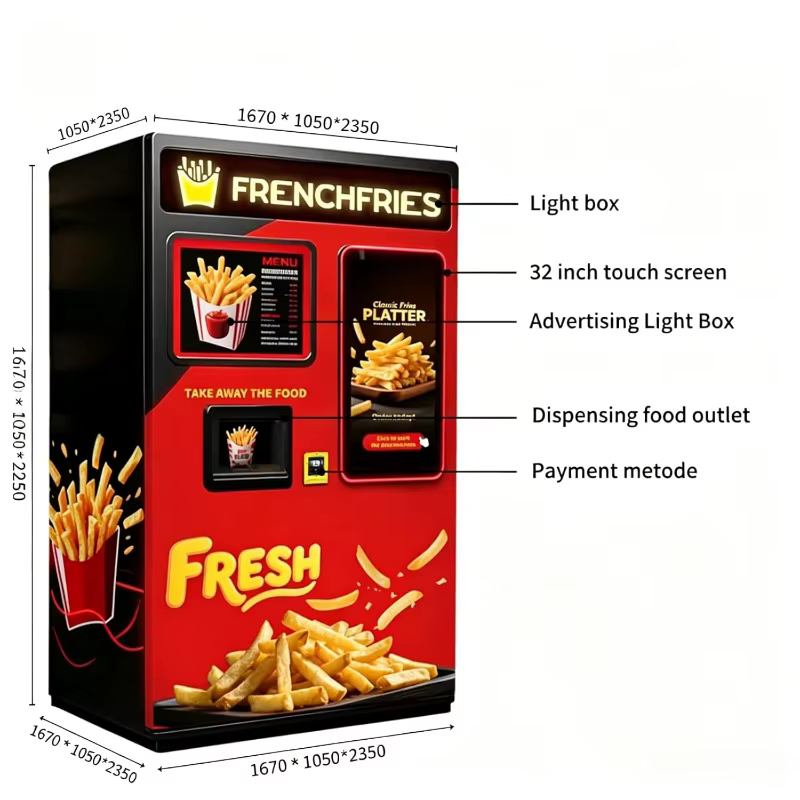 Distributeur automatique de frites personnalisé avec écran tactile intelligent et paiement sans espèces, adapté aux cinémas et aux stades