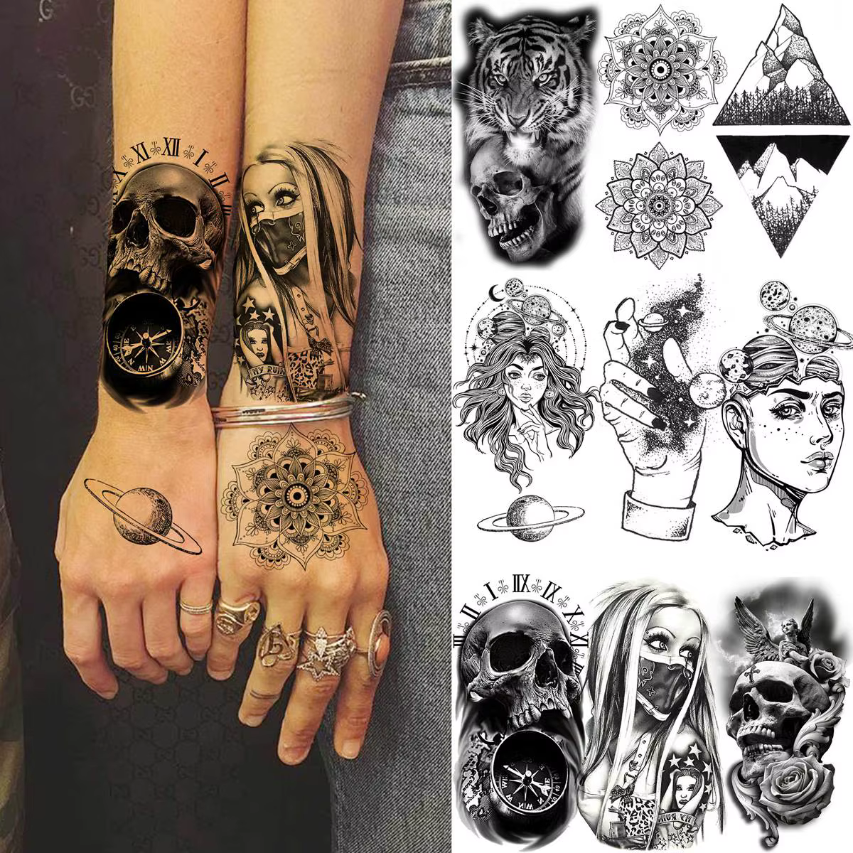 52 feuilles de tatouages temporaires crâne noir pour hommes femmes bras cou tatouages pâte fausse petite fleur serpent de montagne animaux tatouages 3D