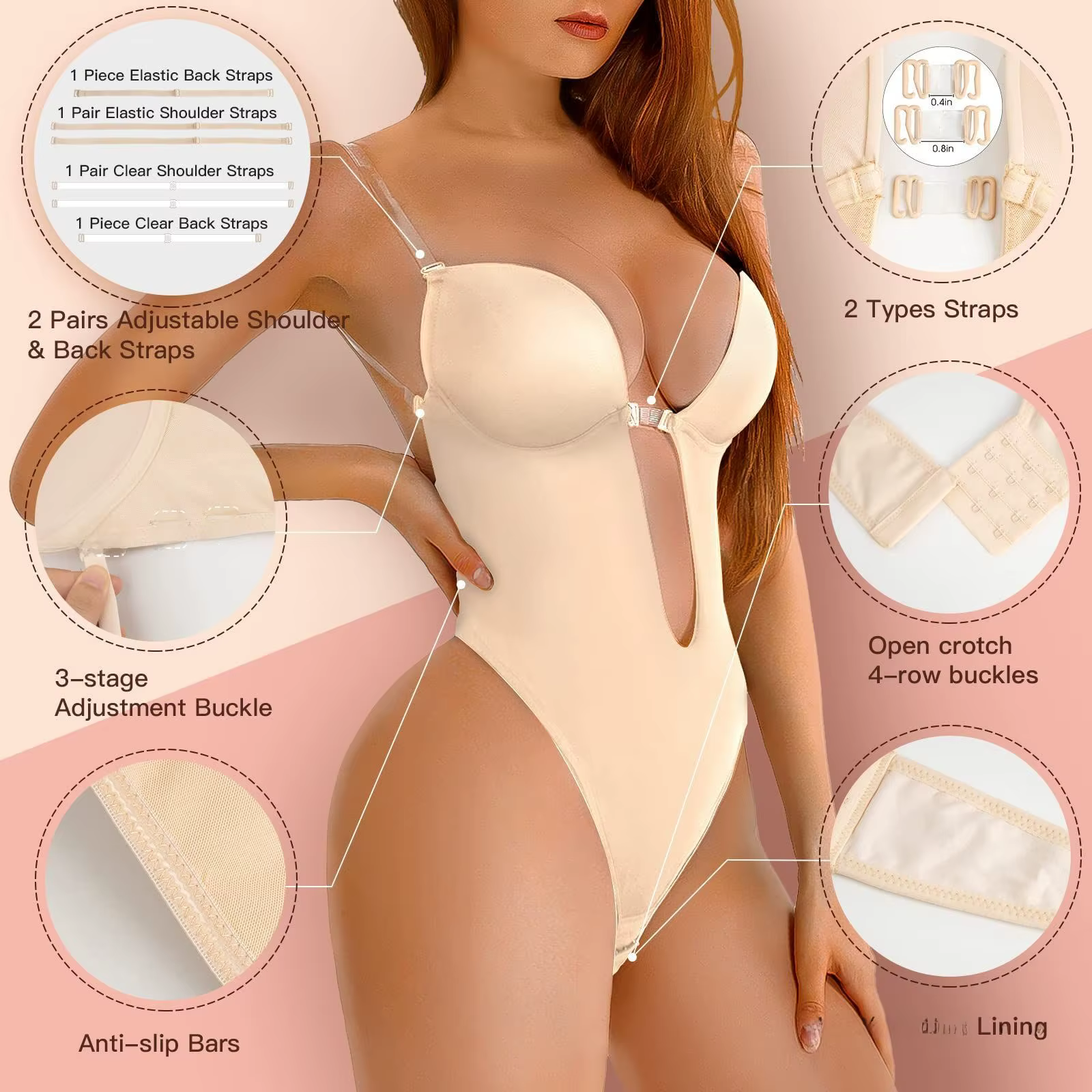 Sexy dos nu profond V plongeant Shapewear body Invisible sans bretelles Bralette sculptant froncé sangle