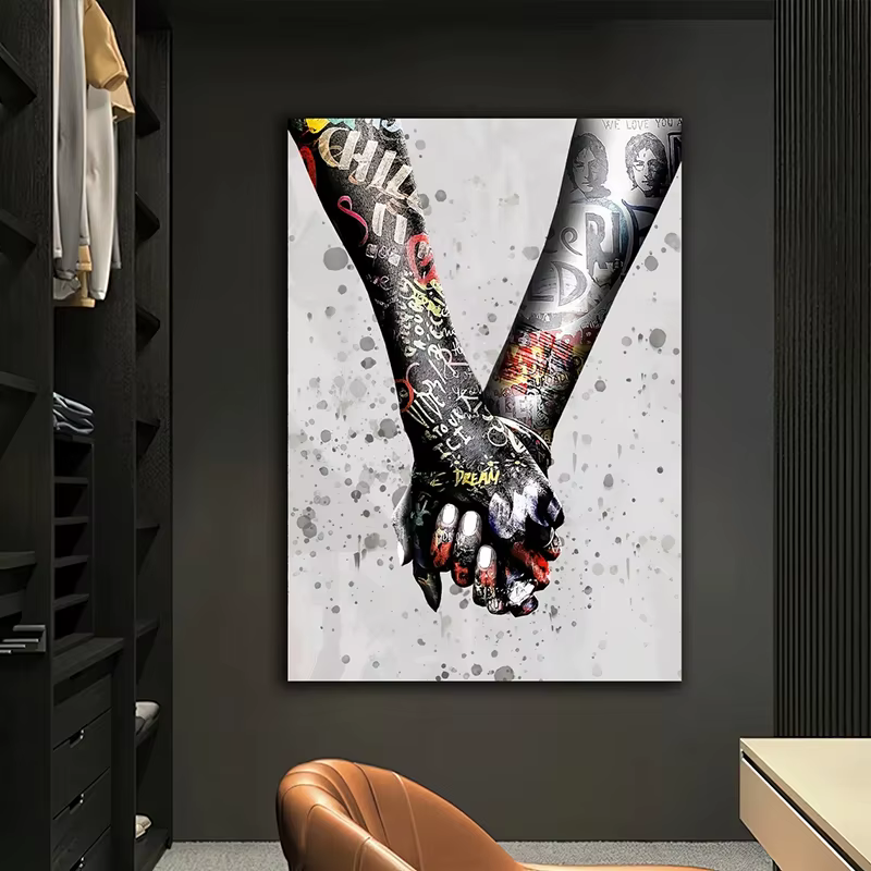 Affiche de toile de graffiti de couples d'amour tenant les mains, impressions d'art de mur de toile abstraite, oeuvre moderne pour le salon, décor à la maison