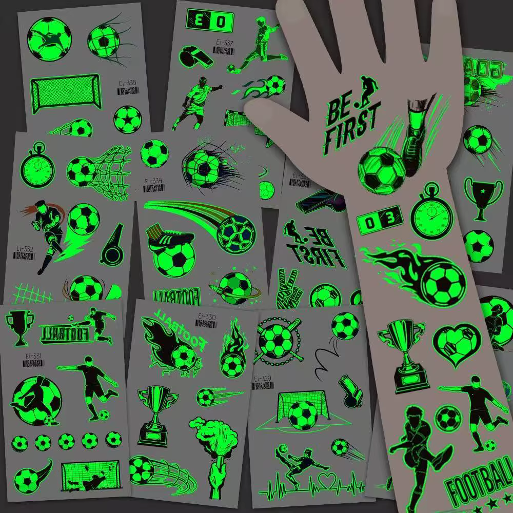 10 feuilles de tatouages temporaires lumineux sur le thème du football, qui brillent dans le noir, pour les fans de football, décorations pour fêtes