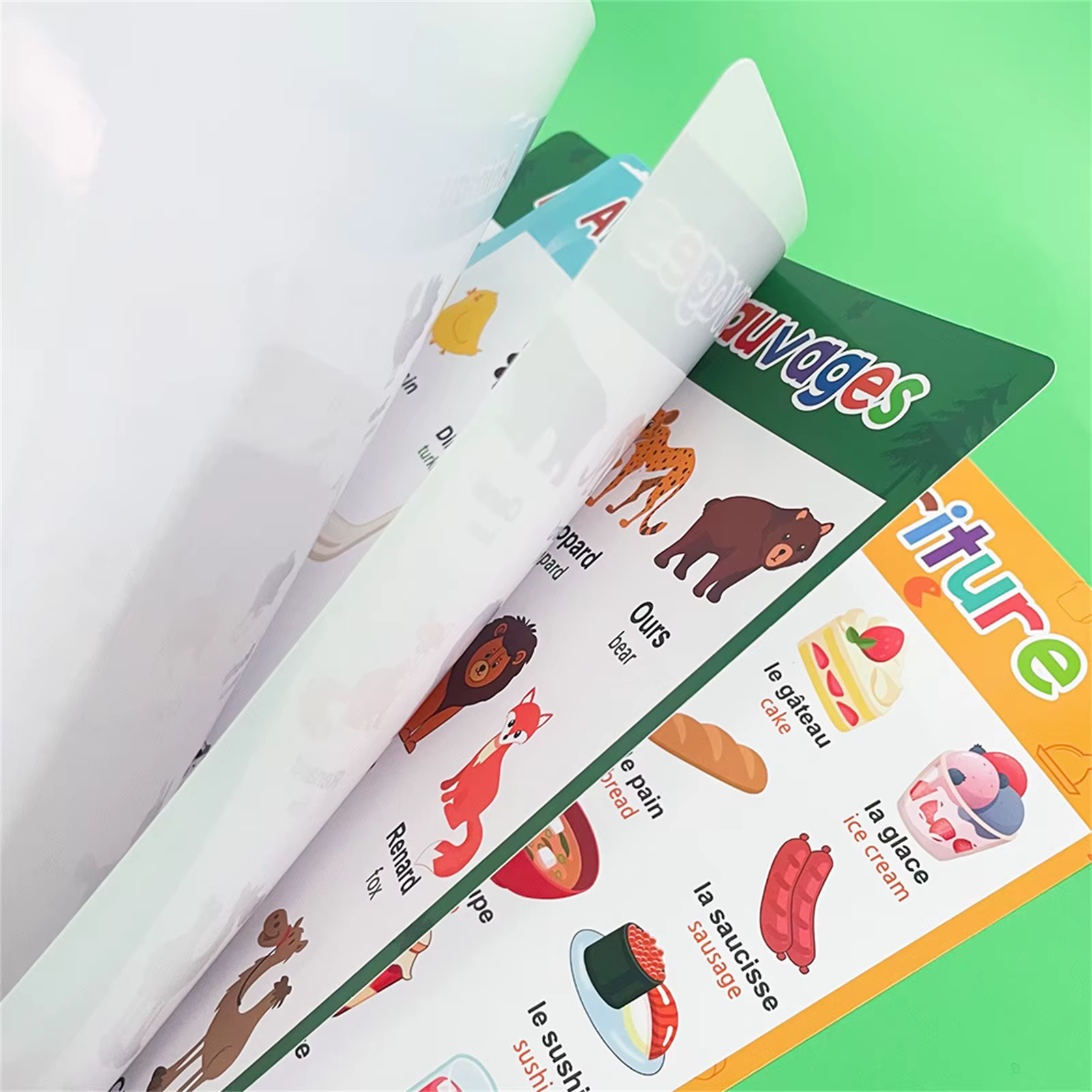 Affiche d'apprentissage du français avec animaux, lettres, fruits, mots, outil d'éducation précoce pour la maison et l'école