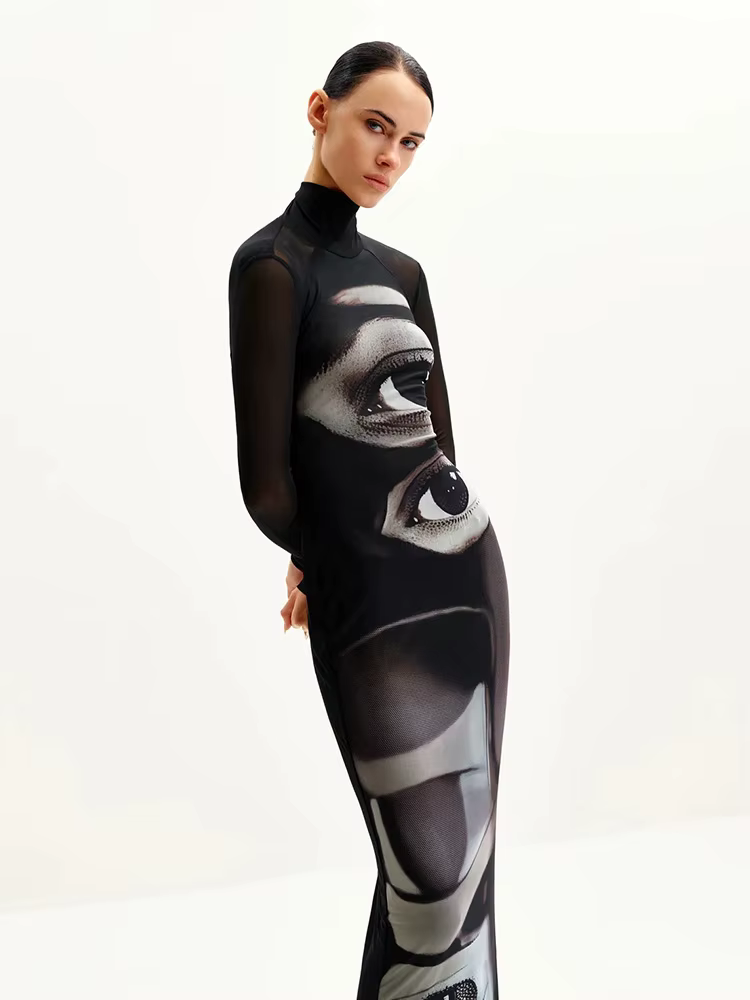 Robe fourreau sexy à manches longues imprimée, coupe ajustée, pour femme, style urbain, club, décontractée, quotidienne, col roulé, cool