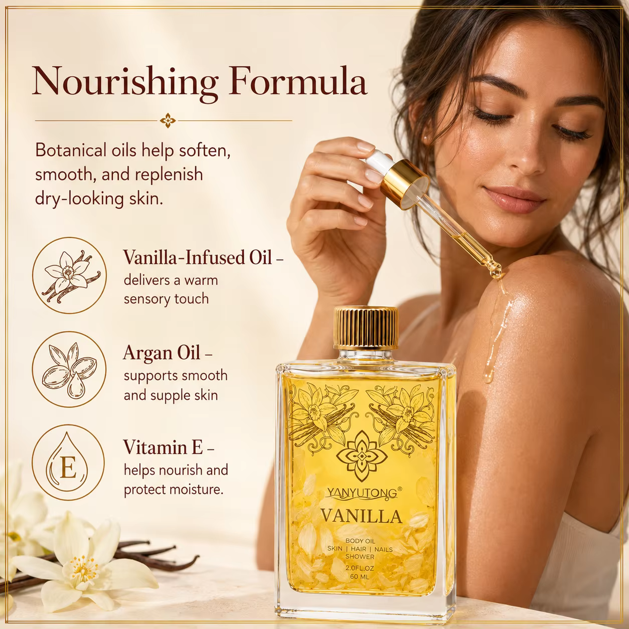 60 ml d'huile essentielle de vanille, nourrissante et hydratante, absorption rapide, douce, apaisante pour les peaux sèches, parfum longue durée.