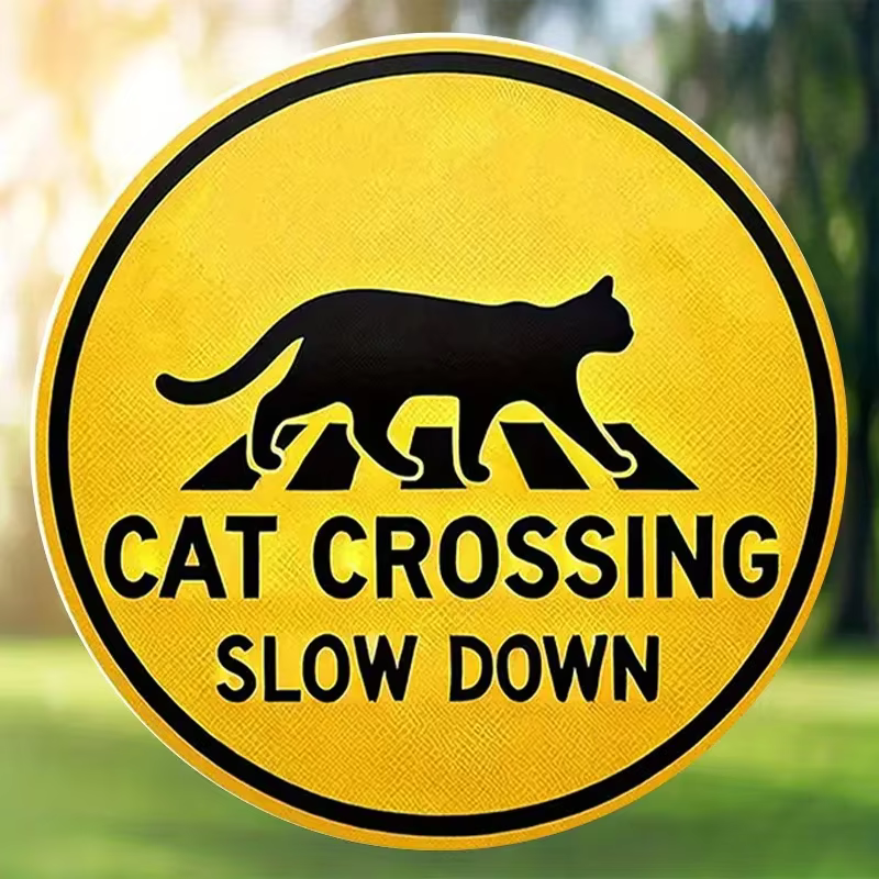Panneau rond en métal de 8 pouces « Cat Crossing Slow Down », style rétro jaune, décoration en fer forgé, parfait pour la maison, les bars, les cafés, les clubs, les garages, les murs