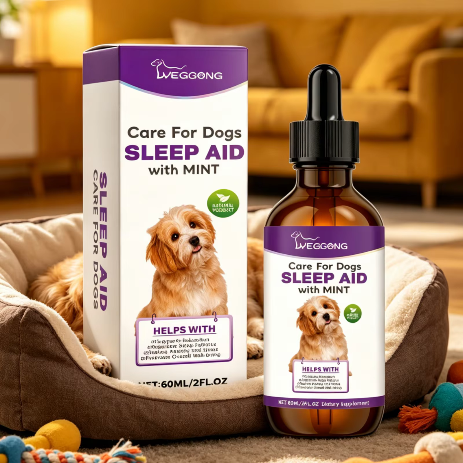 Gouttes de soutien au sommeil pour chiens YEGBONG, réduisent l'anxiété, soin de sédation nocturne, ingrédients naturels, aide au sommeil douce avec menthe pour chiens, 60 ml