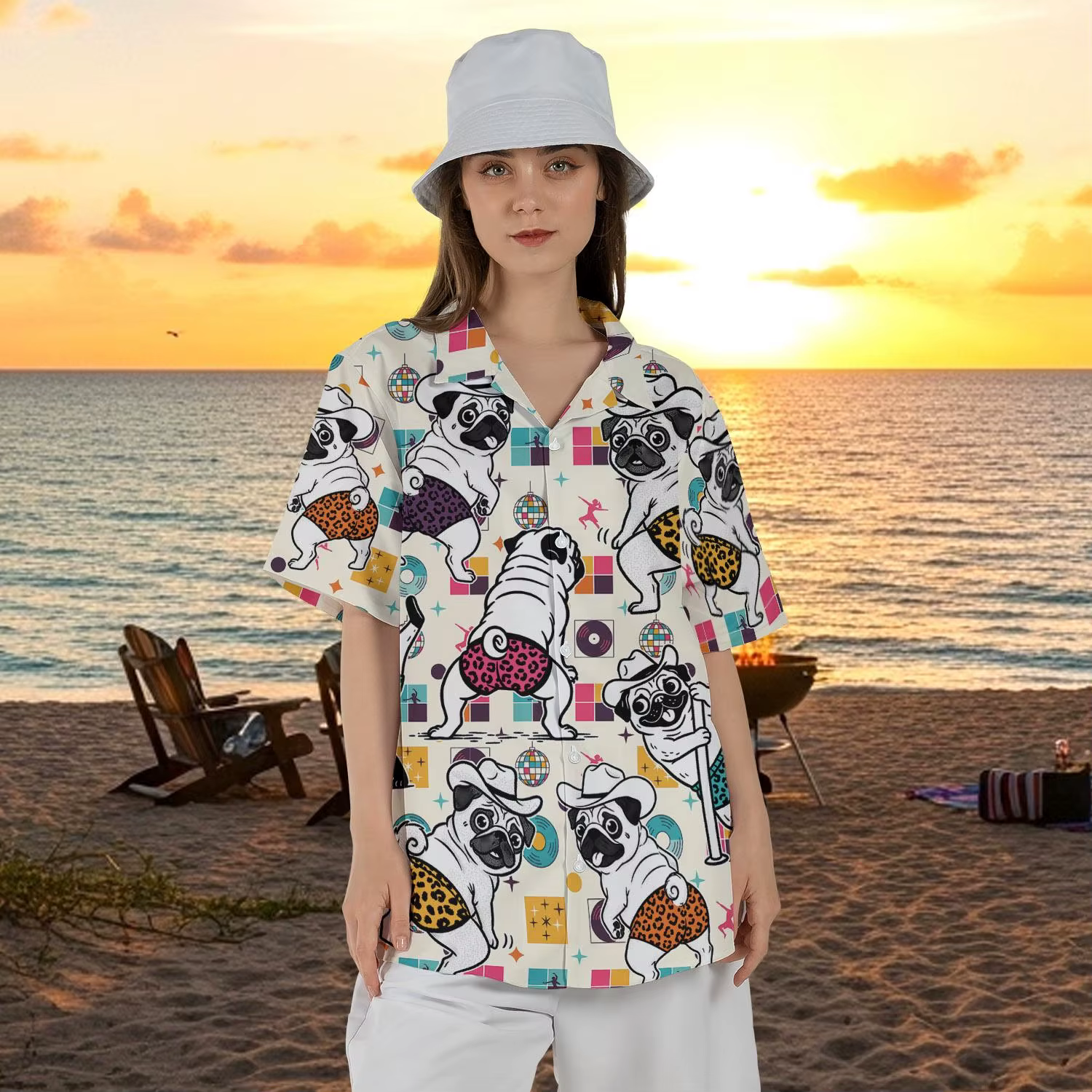 Nouvelle Chemise Hawaïenne Amusante à Motif Pug Danseur de Pole Dance, Style Disco Aloha Original, à Boutons, Cadeau pour Amateurs d'Animaux, Haut de Fête Unisexe pour Propriétaires de Pugs