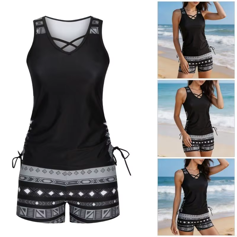 Ensemble deux pièces Tankini pour femmes, col en V, détail sur le devant, haut avec bas Boyshort, vêtements plage pour