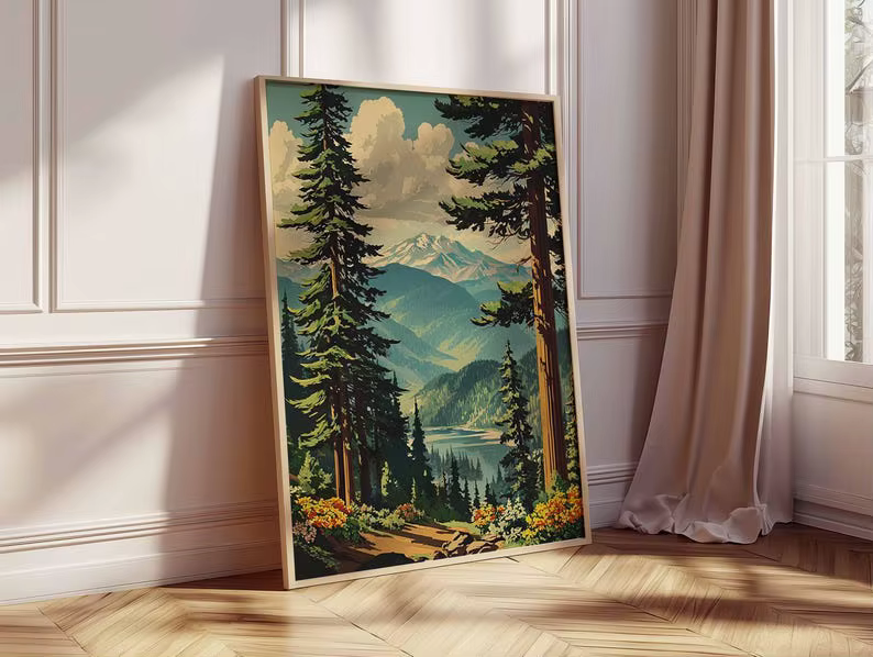 Affiche murale en toile rétro montagne-foret, impression de paysage naturel sans cadre pour la décoration du salon et de la chambre à coucher, 1 pièce