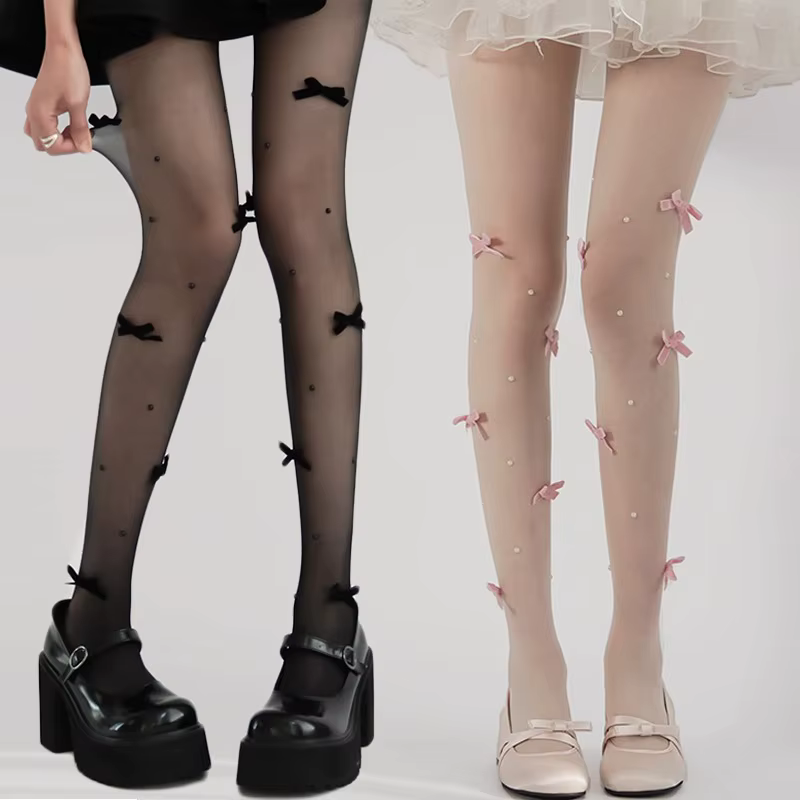Lolita rose velours arc broderie perle collants mode femmes
