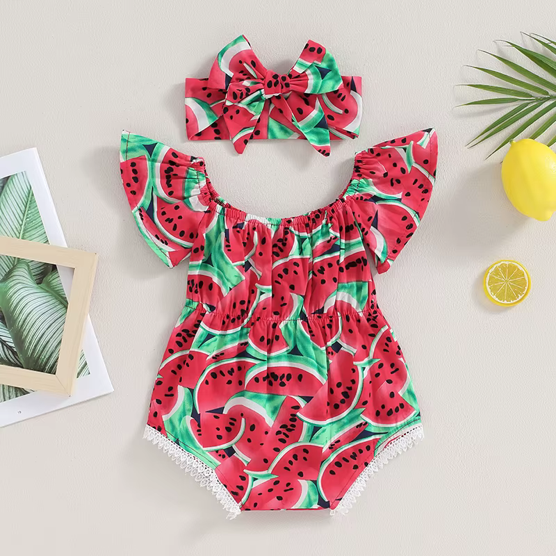 Body pour nouveau-né fille de 0 à 36 mois, ensemble bandeau, manches courtes, imprimé pastèque, combishort pour bébé fille, barboteuse une pièce d'été
