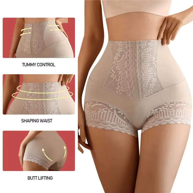 Femmes sans couture taille haute ventre contrôle Shorts culottes avec dentelle garniture