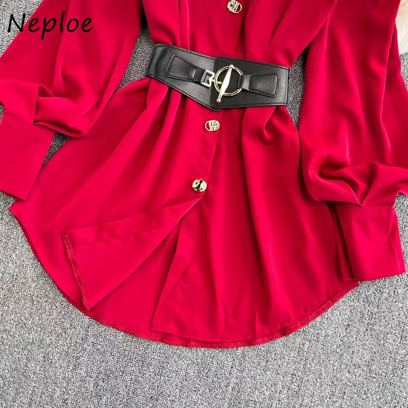 Neploe Printemps 2026 Nouvelle Robe Chemise Femme de Bureau Manches Longues Évasées Ceinture à Nouer Robe Courte Simple Boutonnage