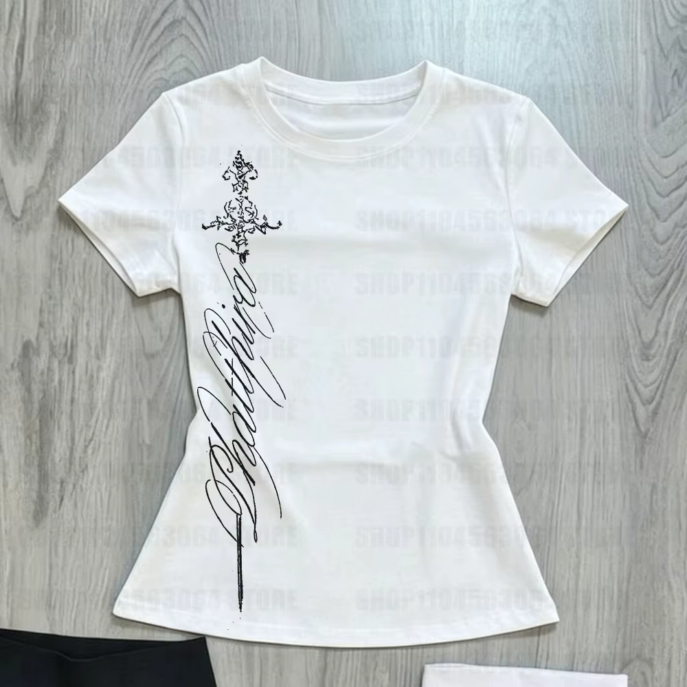T-shirts pour femmes, col en V, coupe slim, imprimé vintage, élégant, grunge, gothique, esthétique Y2k, Harajuku, hauts décontractés pour femmes, tee-shirt