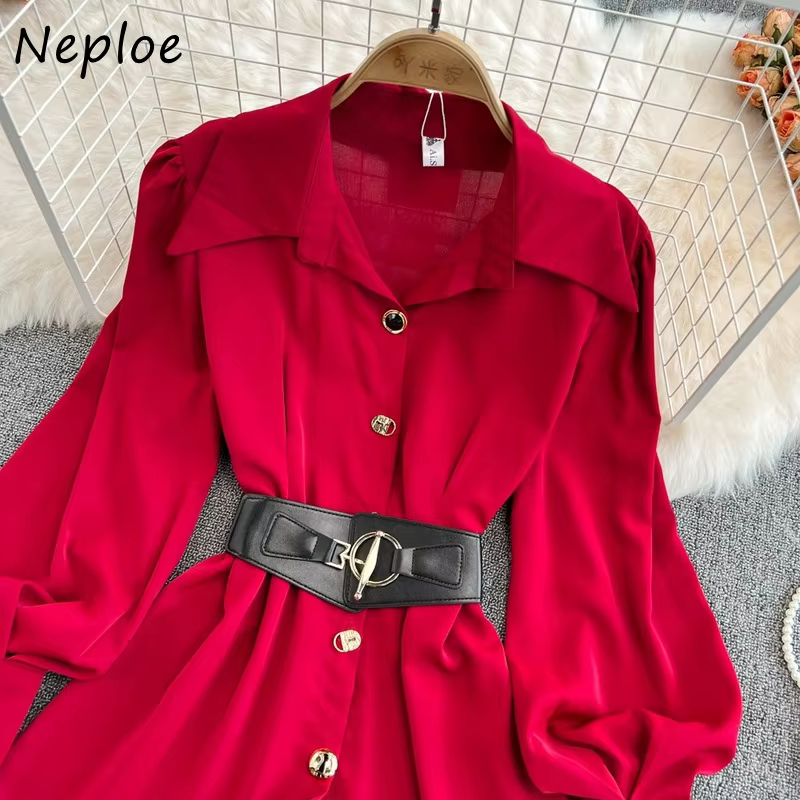 Neploe Printemps 2026 Nouvelle Robe Chemise Femme de Bureau Manches Longues Évasées Ceinture à Nouer Robe Courte Simple Boutonnage