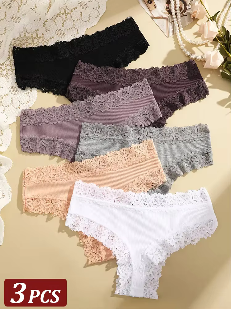 3 pièces/ensemble femmes coton dentelle culottes florale sous-vêtements intimes à la mode Patchwork
