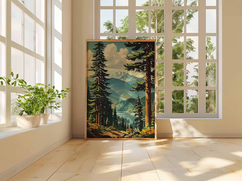 Affiche murale en toile rétro montagne-foret, impression de paysage naturel sans cadre pour la décoration du salon et de la chambre à coucher, 1 pièce