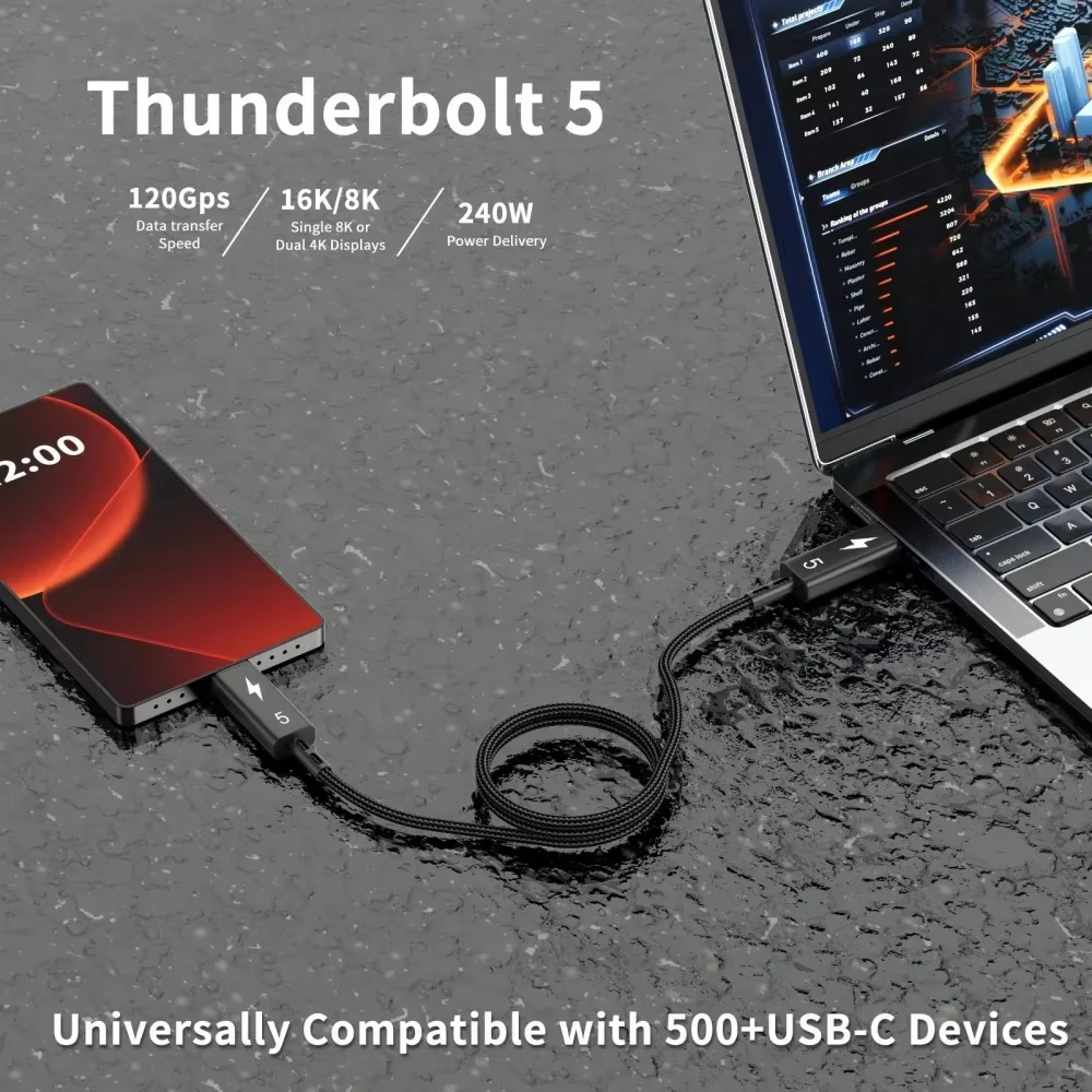 Câble coaxial Thunderbolt 5 120Gbps 240w, 1/1.5M, charge rapide, adapté à la transmission audio, câble de données USB-C pour iPad iPhone