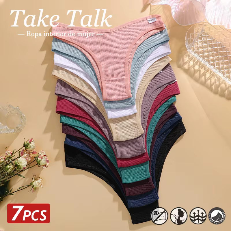 7 pièces/ensemble femmes gaufré coton culottes Sexy taille V culotte brésilienne femme respirant sous-vêtements doux solide Stretch Lingerie