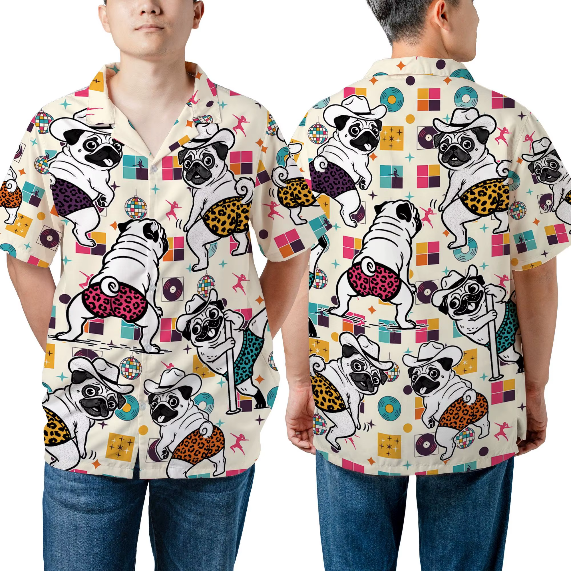 Nouvelle Chemise Hawaïenne Amusante à Motif Pug Danseur de Pole Dance, Style Disco Aloha Original, à Boutons, Cadeau pour Amateurs d'Animaux, Haut de Fête Unisexe pour Propriétaires de Pugs