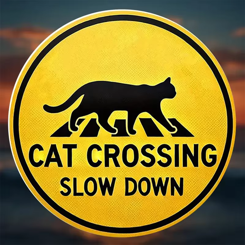 Panneau rond en métal de 8 pouces « Cat Crossing Slow Down », style rétro jaune, décoration en fer forgé, parfait pour la maison, les bars, les cafés, les clubs, les garages, les murs