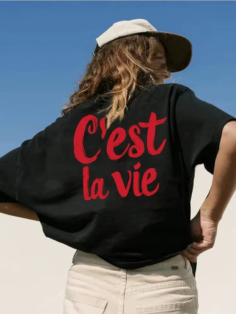 T-shirt imprimé « C'est La Vie » pour femme, style Harajuku, décontracté, à manches courtes, coupe ample, blanc, streetwear, été
