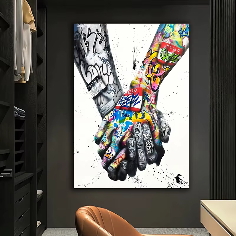 Affiche de toile de graffiti de couples d'amour tenant les mains, impressions d'art de mur de toile abstraite, oeuvre moderne pour le salon, décor à la maison