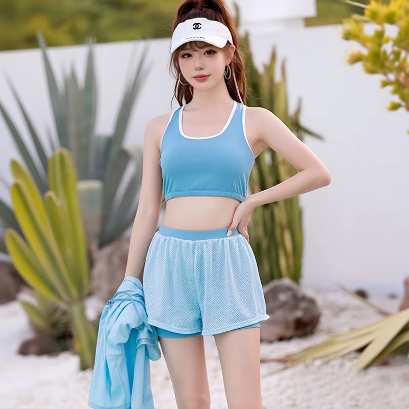 Ensemble tankini 3 pièces pour femme en tricot gaufré, avec haut à capuche zippé à manches longues, short double couche à cordon de serrage, maillot de bain d'été pour la plage