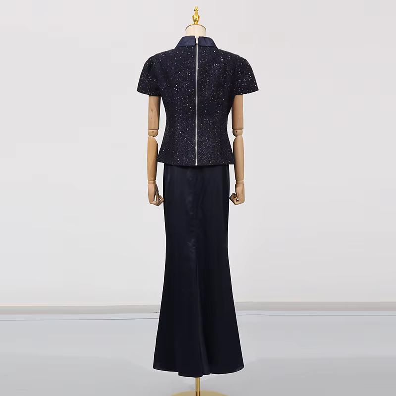 KBQ minceur deux pièces ensemble pour femmes col montant manches courtes épissé simple boutonnage haut taille haute jupe