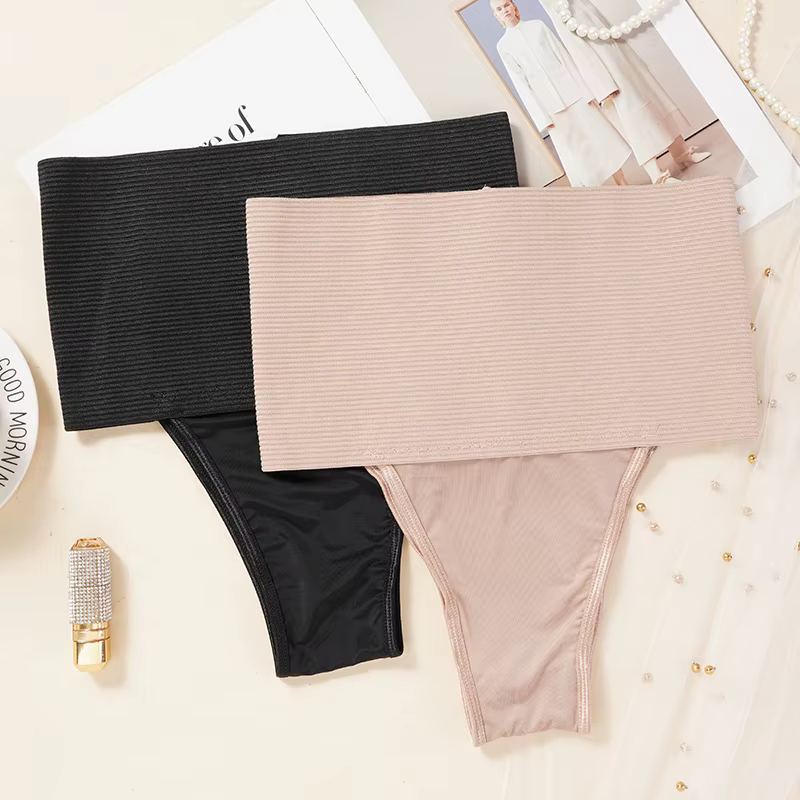 Lot de 2 Culottes Gainantes Taille Haute Sans Coutures Confortables pour Femme – Sous-vêtements Sculptants Élastiques et Strings Amincissants